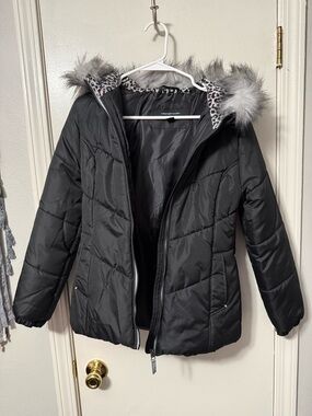 Black Puffer Coat with Faux Fur Trim